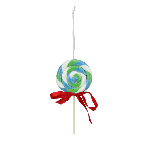 6" Blue, Green and White Glittered Twist Lollipop with Red Bow Christmas Ornament - IMAGE 1