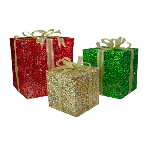 Set of 3 Lighted Red & Green Glitter Gift Box Christmas Outdoor ...