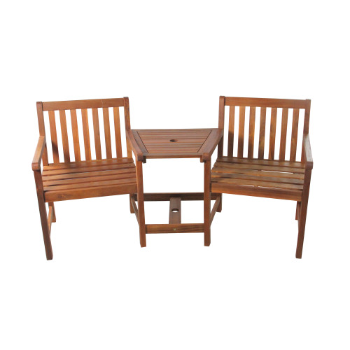 3-Piece Brown Acacia Wood Jack and Jill Chair With Table Outdoor Patio Set 70" - IMAGE 1