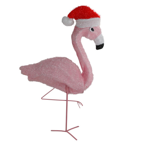 32" Pre-Lit Pink Flamingo with Santa Claus Hat Christmas Outdoor Decoration - IMAGE 1