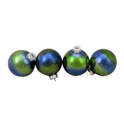 4ct Blue and Green Striped Speckled Christmas Ball Ornaments 3.25" (80mm) - IMAGE 1