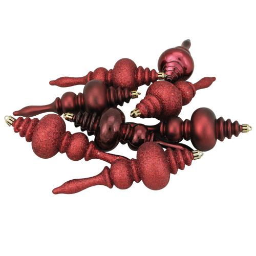 Shatterproof 4-Finish Finial Christmas Ornaments - 7" - Burgundy Red - 8ct - IMAGE 1