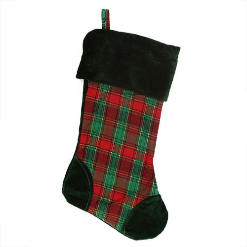 Woven Plaid and Velvet Christmas Stocking - Green/Red - 19" - IMAGE 1