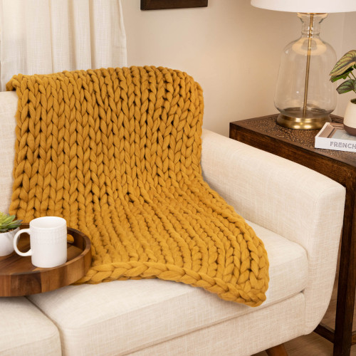 Cable Knit Plush Textured Throw Blanket - 50 x 60 - Mustard Yellow - IMAGE 1