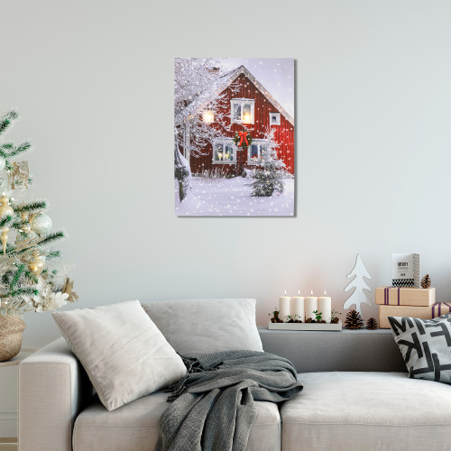 LED Lighted Snowy Barn House Christmas Canvas Wall Art - 15.75" x 12" - IMAGE 1