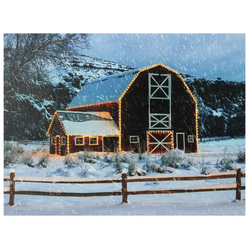 LED Fiber Optic Snowy Red Barn Christmas Canvas Wall Art 15.75" x 12" - IMAGE 1