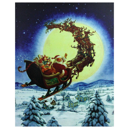 LED Back Lit Flying Santa Claus and Sleigh Christmas Wall Art 19.75" x 15.75" - IMAGE 1