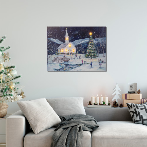 LED Lighted Snow Covered Church Christmas Wall Art - 12" x 15.75" - IMAGE 1