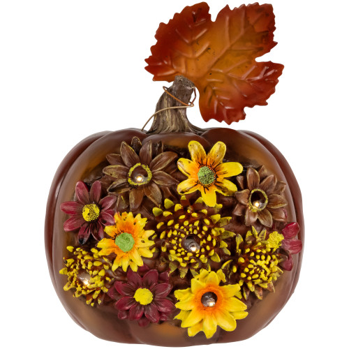 LED Lighted Solar Powered Floral Fall Harvest Pumpkin Outdoor Decoration - 8" - IMAGE 1