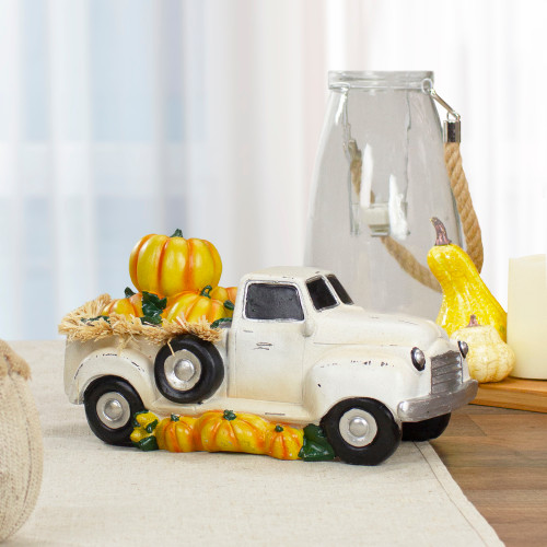 Vintage Truck with Pumpkins and Hay Fall Harvest Decoration - 11.25" - IMAGE 1