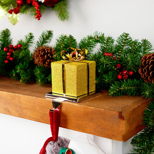 5.5" Glitter Gold and Silver Gift Box Metal Christmas Stocking Holder - IMAGE 1