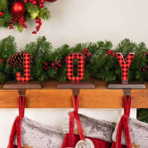 Set of 3 Red & Black Buffalo Plaid "JOY" Christmas Stocking Holder 6