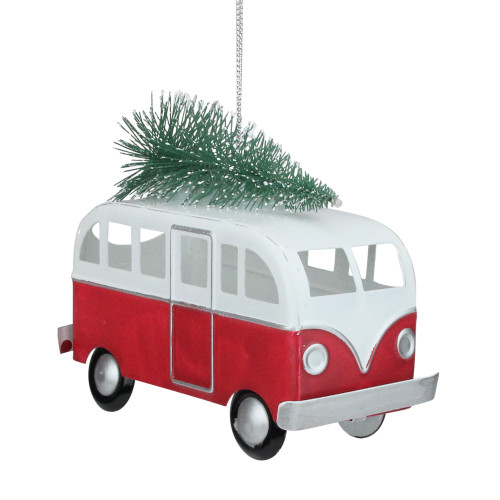 4.5" Red and White Retro Style Bus with Christmas Tree Hanging Ornament - IMAGE 1