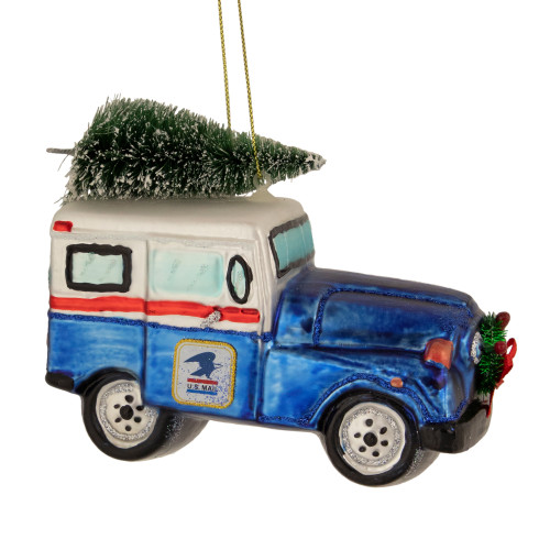 Delivery "USPS Mail" Truck with Tree Glass Christmas Ornament - 5" - Blue and White - IMAGE 1
