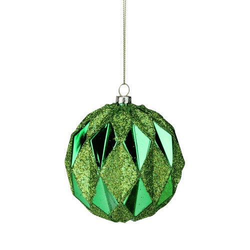 Green Diamond Cut 2-Finish Glass Christmas Ball Ornament 4" (100mm) - IMAGE 1