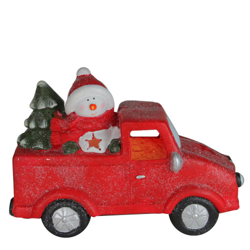 14.5" Red Pre-Lit LED Snowman in Truck with Tree Christmas Tabletop Decor - IMAGE 1
