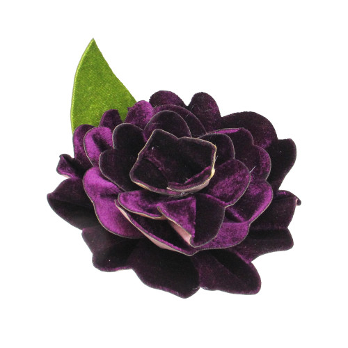 5" Purple Velvet Camellia Flower with Leaf Clip On Christmas Ornament - IMAGE 1