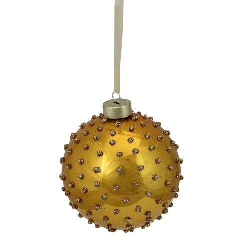 Golden Yellow 2-Finish Dot Round Glass Christmas Ball Ornament 4" (100mm) - IMAGE 1