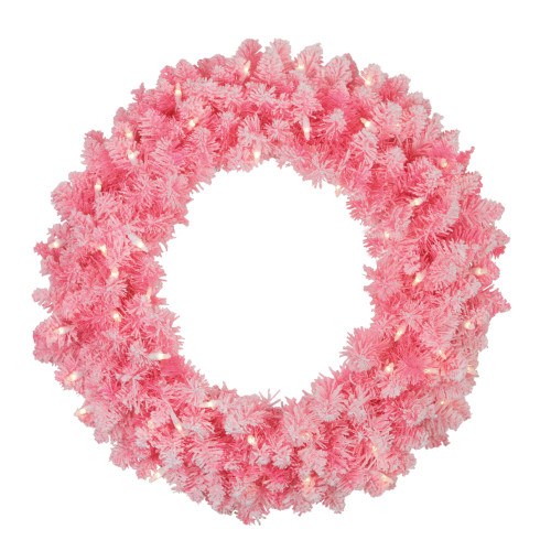 Pre-Lit Flocked Pink Artificial Christmas Wreath - 24-Inch, Clear Lights - IMAGE 1