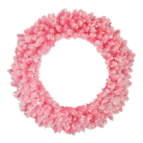 Pre-Lit Flocked Pink Artificial Christmas Wreath - 36 Inch, Clear Lights - IMAGE 1