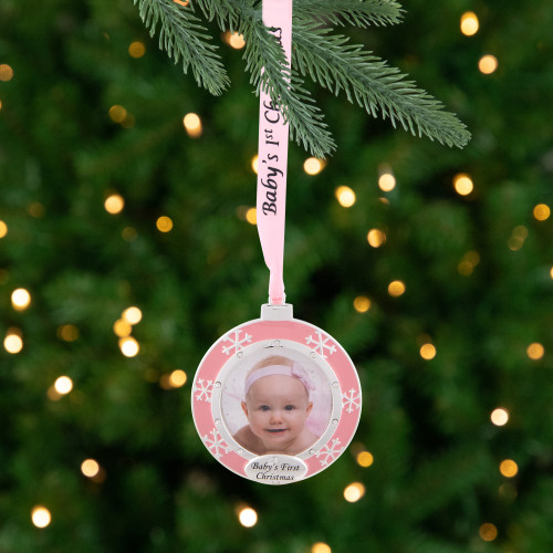 Baby's First Christmas Photo Ornament with European Crystals - 3" - Silver and Pink - IMAGE 1