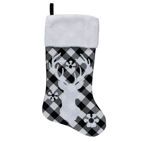 20.5" Black and White Plaid Rustic Reindeer Snowflake Christmas Stocking - IMAGE 1