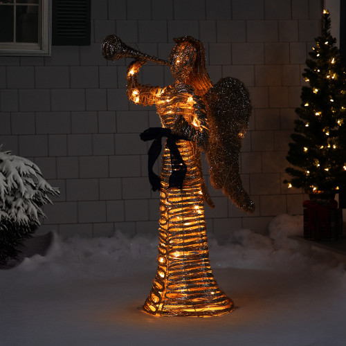 Lighted Glitter Dusted Trumpeting Angel Christmas Yard Decoration - 4.25' - Clear Lights - IMAGE 1