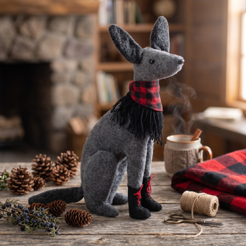 Sitting Dog with Plaid Collar Christmas Decoration - 14.5” - Gray and Red - IMAGE 1