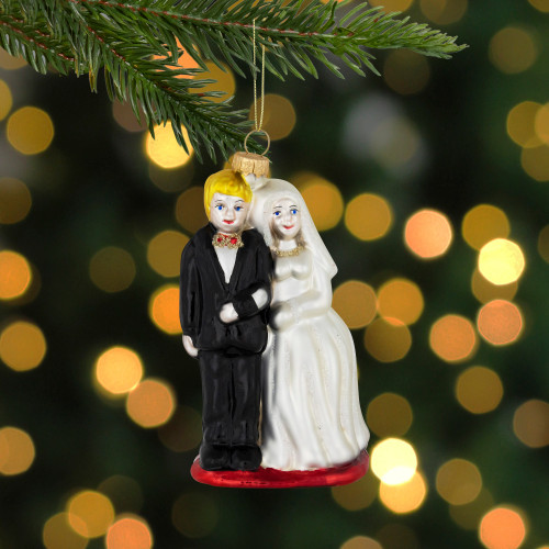 Glittered Bride and Groom Glass Christmas Ornament - 3.75" - IMAGE 1