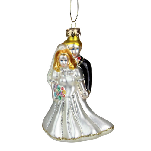 4" White and Black Glittered Bride with Groom Glass Christmas Ornament - IMAGE 1
