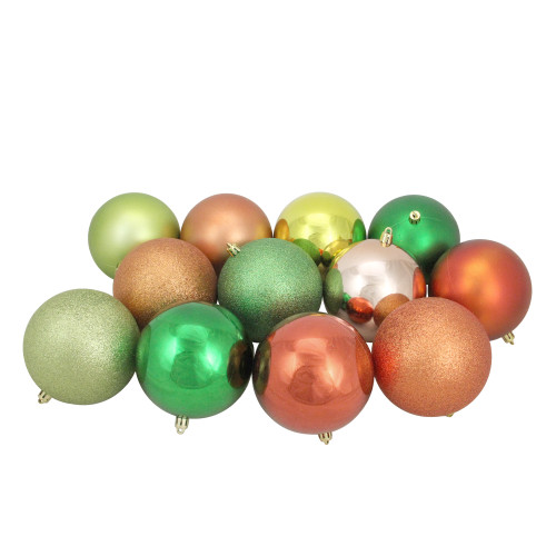 Shatterproof 3-Finish Christmas Ball Ornaments - 4" (100mm) - Green and Orange - 12ct - IMAGE 1