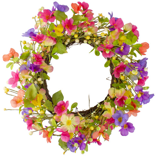 Wild Flowers and Berries Artificial Spring Twig Wreath, Pink and Yellow - 20-Inch - IMAGE 1