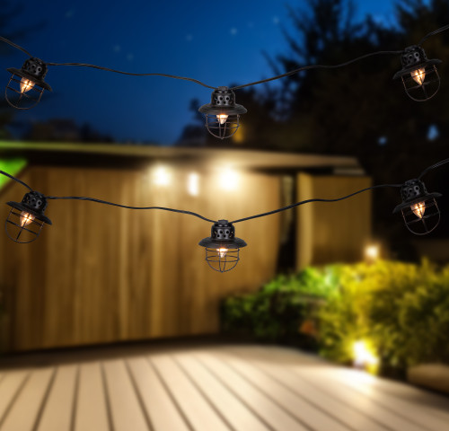 Northlight 10-Count Black Caged Fisherman Lantern Patio String Light Set – 9' Black Wire, Clear C7 Bulbs – Indoor/Outdoor Decorative Lighting - IMAGE 1