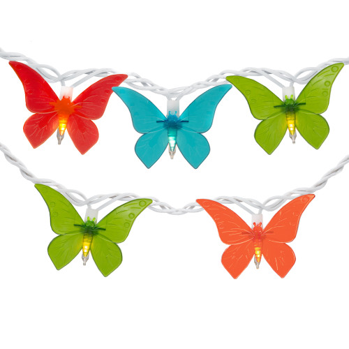 10-Count Vibrantly Colored Summer Butterfly Outdoor Patio String Light Set, 9ft White Wire - IMAGE 1