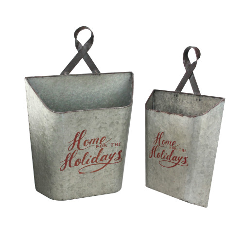 Set of 2 Gray and Red Home for the Holidays Weathered Christmas Wall Buckets 18" - IMAGE 1