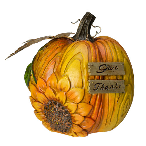 6.5" Brown and Orange Sunflower "Give Thanks" Fall Thanksgiving Pumpkin Tabletop Decor - IMAGE 1