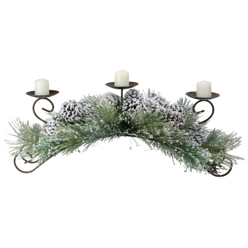 30" Green Frosted Pine Needle and Pine Cone Christmas Candle Holder - IMAGE 1