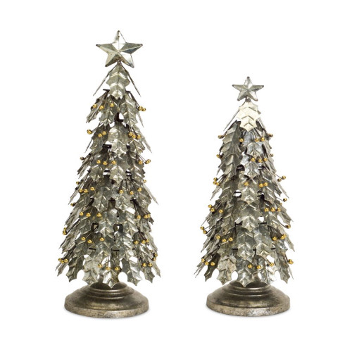 Set of 2 Distressed Finish Holly Leaf Artificial Christmas Tabletop Trees 3' - IMAGE 1