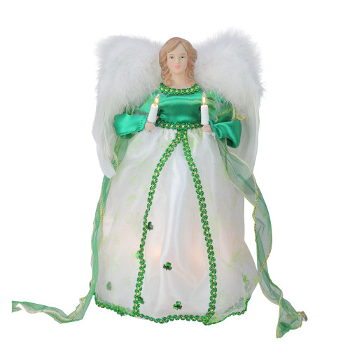 12" Green and White Lighted Luck of the Irish Angel Christmas Tree Topper - IMAGE 1