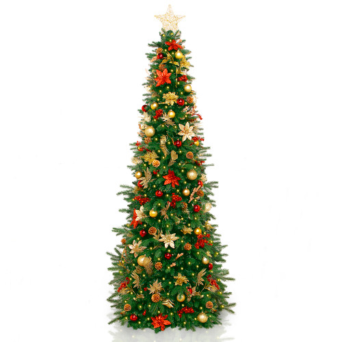 7.5' Pre-Lit Gold and Red Artificial Christmas Tree – Clear LED Lights - IMAGE 1