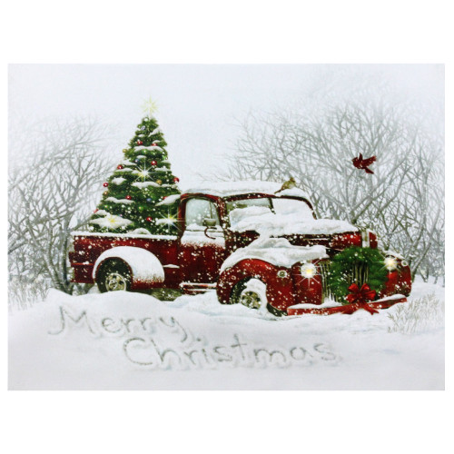 LED Lighted Fiber Optic Truck and Tree Christmas Canvas Wall Art 12" x 15.75" - IMAGE 1