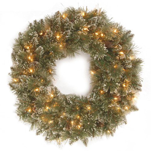 Pre-Lit Frosted Bristle Pine Artificial Christmas Wreath, 24-Inch, White Lights - IMAGE 1