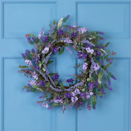 Lavender Artificial Spring Floral Wreath, Purple and Green - 18-Inch - IMAGE 1