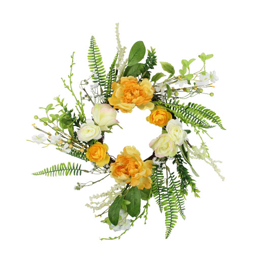 Hydrangea and Rose Twig Artificial Floral Wreath, Orange 16-Inch - IMAGE 1