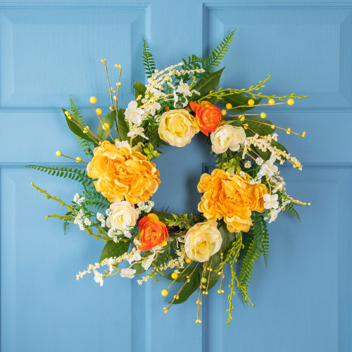 Hydrangea and Rose Artificial Floral Twig Wreath - Orange - 16" - IMAGE 1