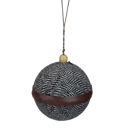 4" Black and White Houndstooth With Brown Strip Fabric Christmas Ball Ornament - IMAGE 1