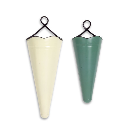 Set of 2 Cream and Green Cottage Style Metal Wall Pockets 22" - IMAGE 1