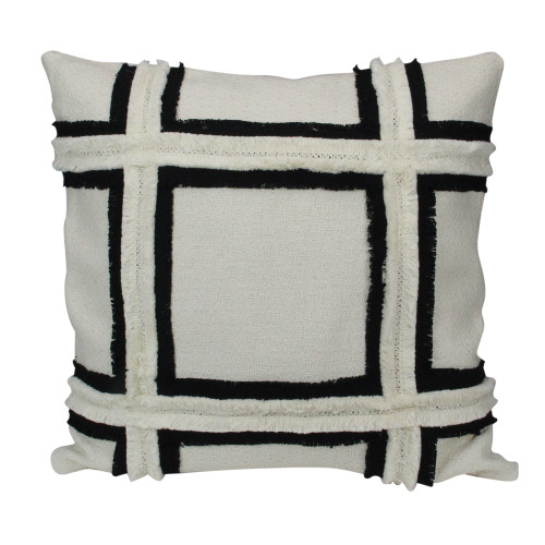 17" Ivory and Black Grid Fringe Square Throw Pillow - IMAGE 1