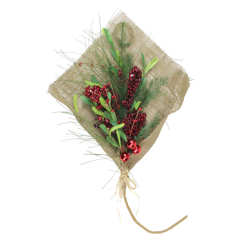 32" Red Berries With Green Accents Holiday Bouquet Wrapped in Burlap Christmas Decor - IMAGE 1