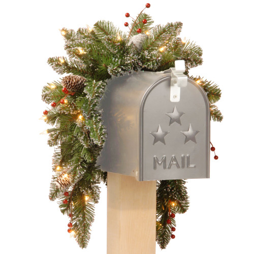 3' Pre-lit Glittery Mountain Spruce Mailbox Christmas Swag, Warm White Lights - IMAGE 1